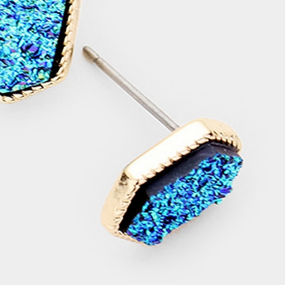 Blue Hematite Hexagonal Druzy Stud Earrings 0.5" Post Simple Jewelry Stone Gold - Picture 3 of 4